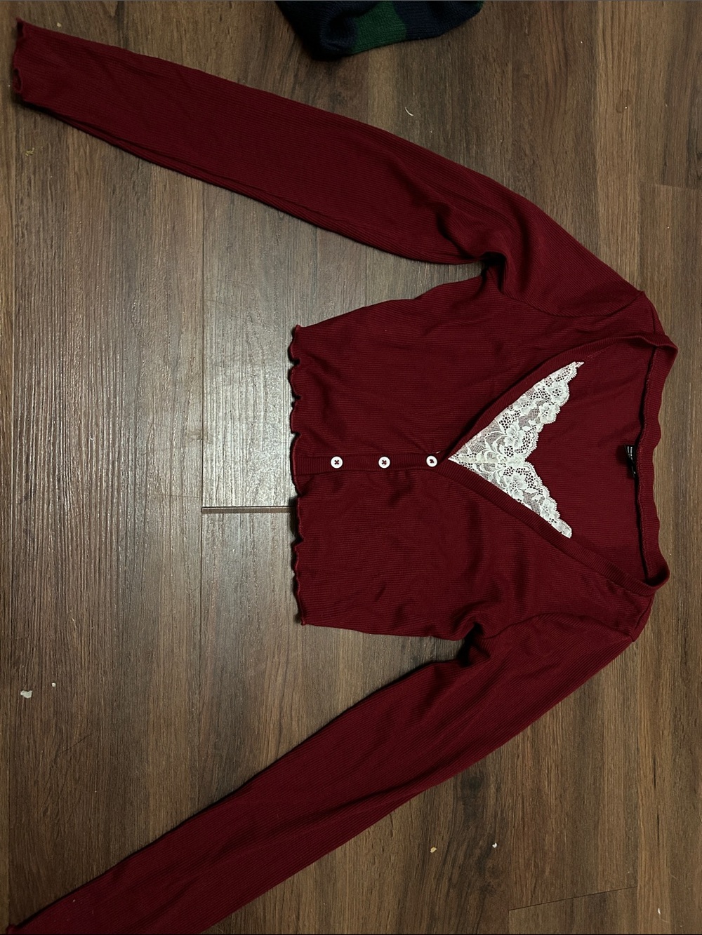 SHEIN Burgundy Ribbed Button-Front Crop Cardigan with White Lace Trim